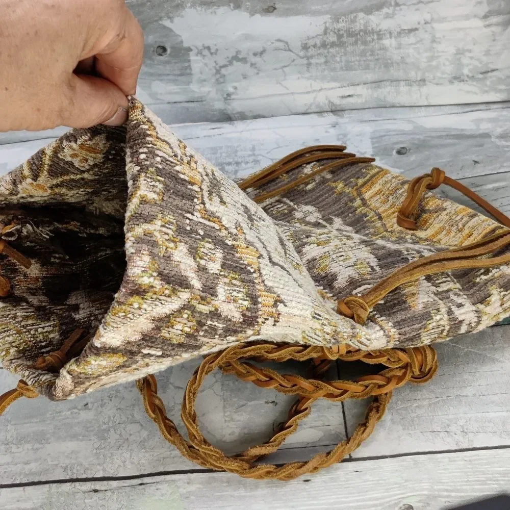 Small boho Crossbody Vintage Fold Over Bag Damask Fabric Braided Leather Strap